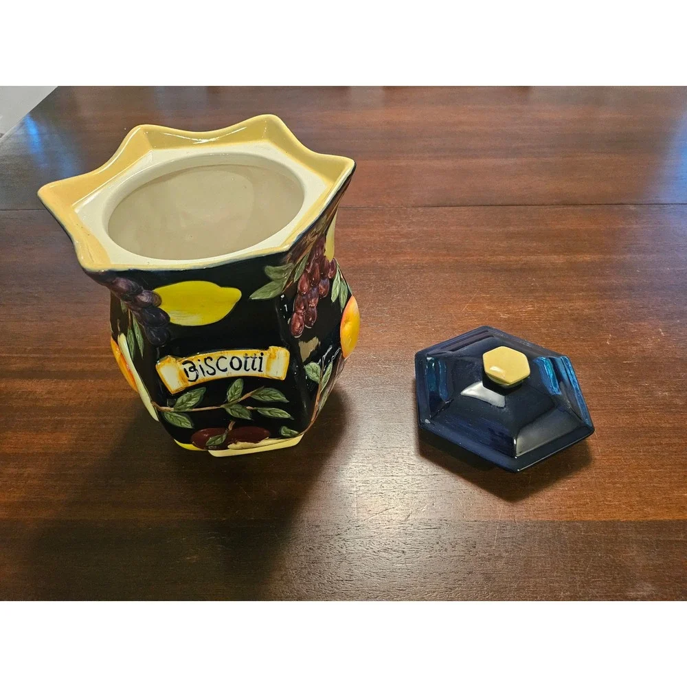 Nonnis Biscotti Cookie Jar Kitchenware Large Black Fruit Patterned Ceramic